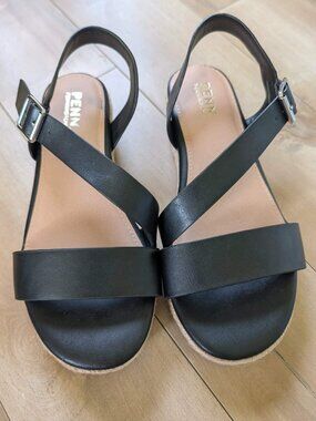 Penn Black Espadrille Wedge Sandals Ankle Strap Wide Width 7WW EU 37.5